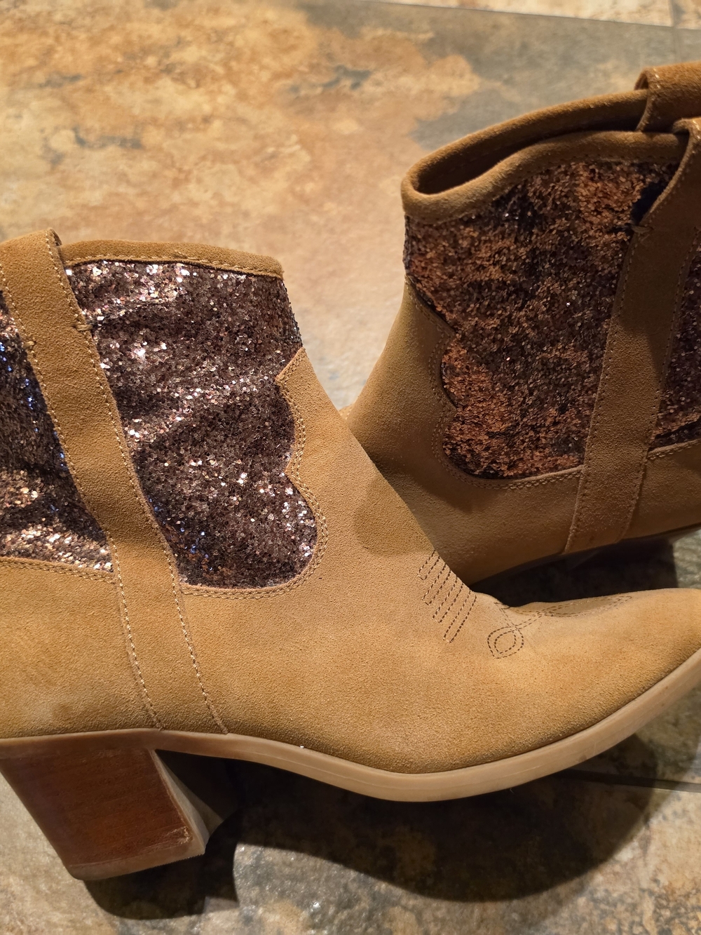 Dolce Vita Tan Suede Ankle Boots with Brown Glitter Accent